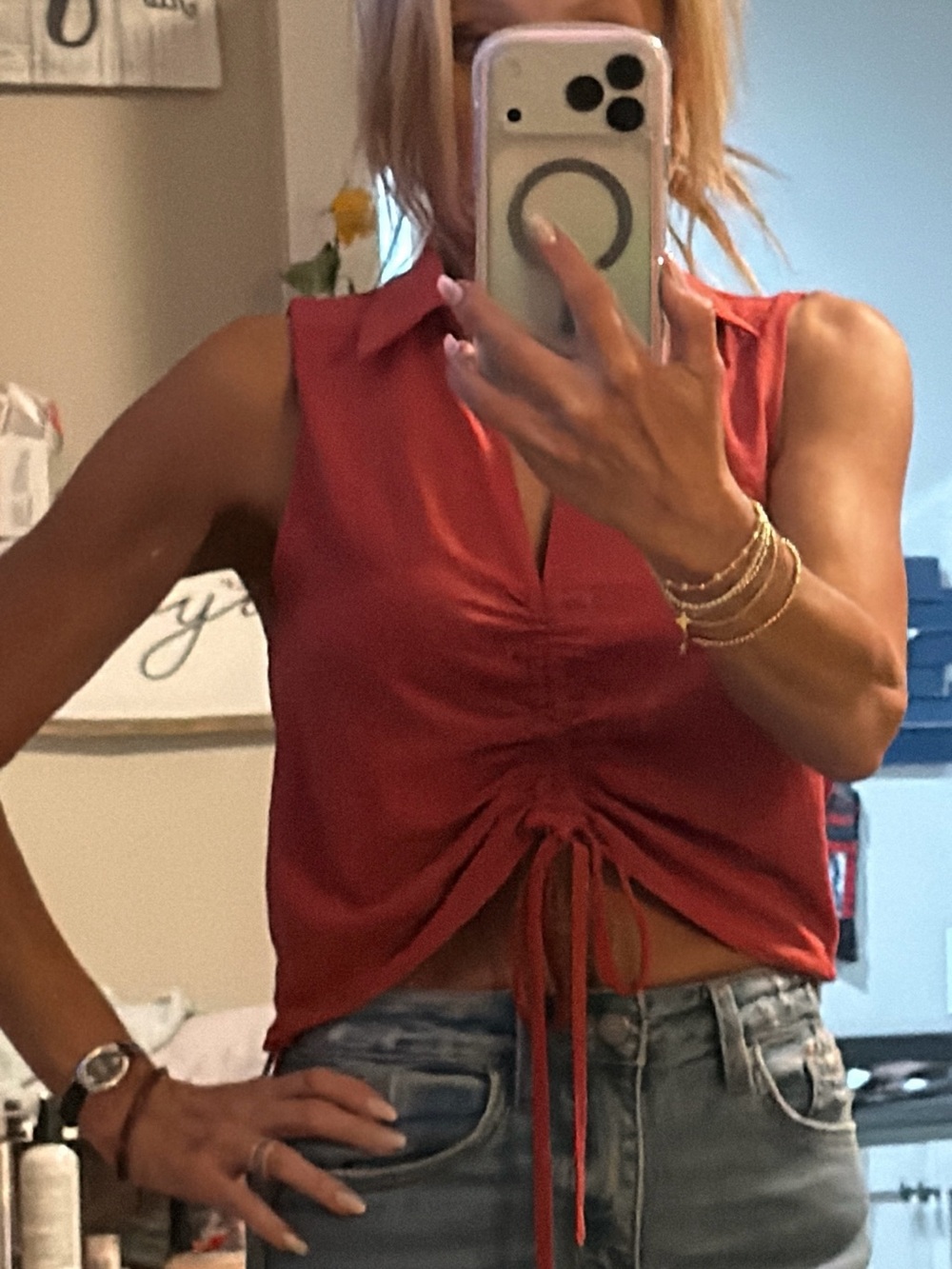 Sleeveless Ruched Tie-Front Top in Rust
